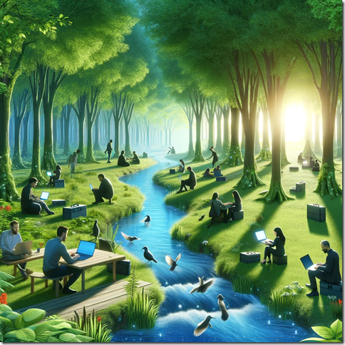 Here is an image depicting a unique ecosystem where software developers replace traditional fauna. You can see developers engaging in various activities within a lush green forest and alongside a clear blue river. Some are sitting with their laptops on the riverbank, others are having discussions under the trees, and a few are walking along the forest trails, all in a blend of casual and work attire. The sunlight filtering through the canopy creates a beautiful interplay of light and shadows on the forest floor, highlighting the fusion of nature and technology.